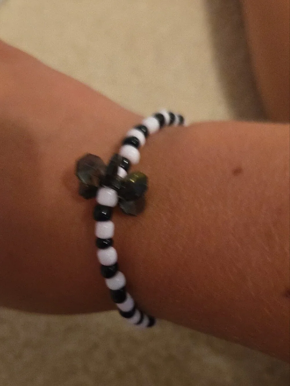 Black & Light Pink Beaded Stretch Bracelet with Accent Faceted Beads